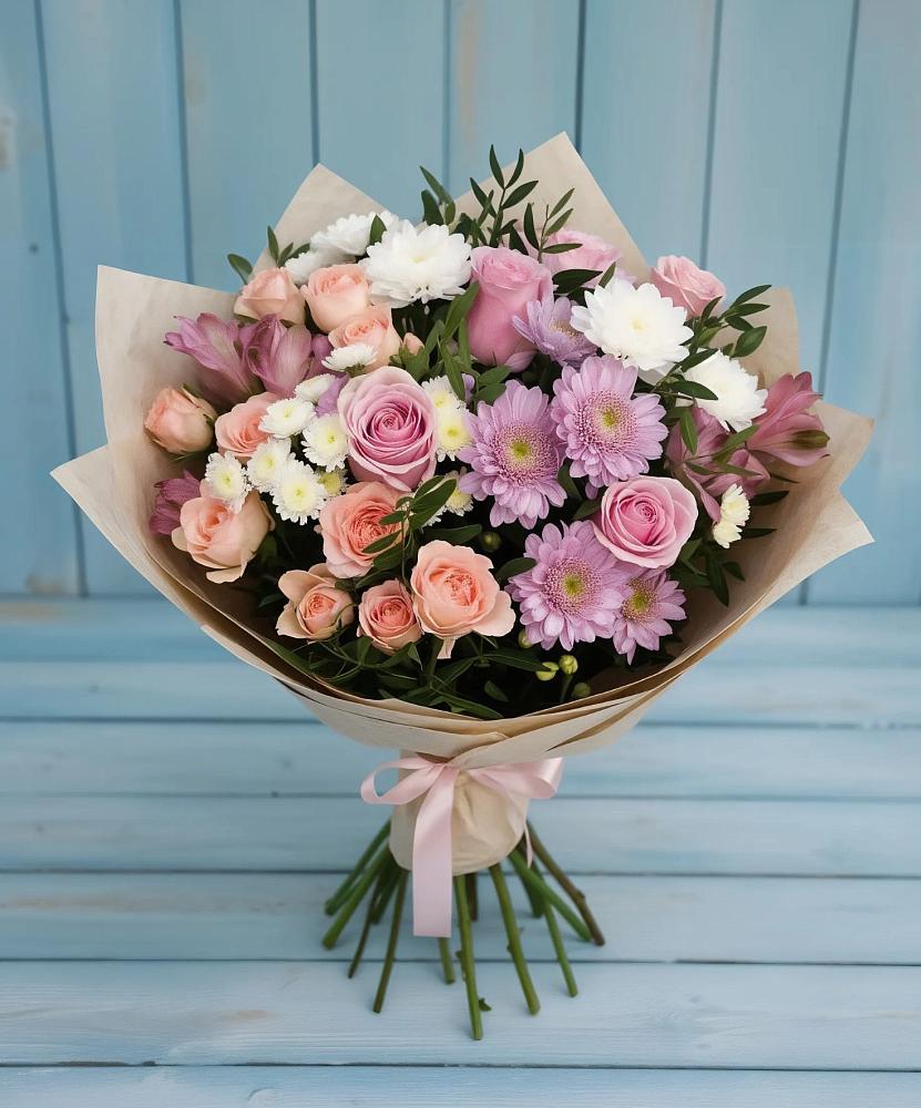 Букет цветов из: Хризантемы, Розы и Альстромерии в Габукае