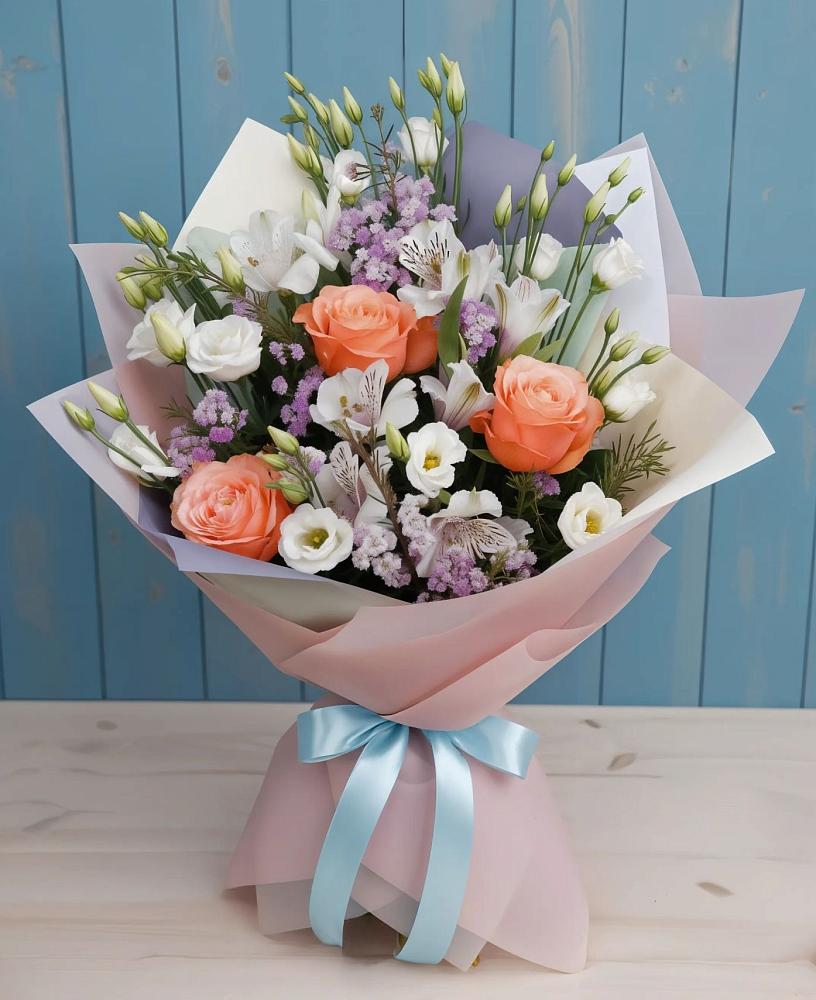 Букет цветов из: Лизиантусы, Розы, Альстромерии и Гипсофила в Габукае