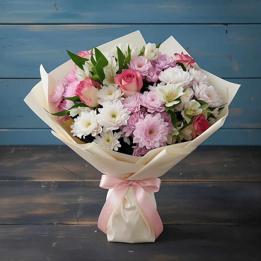 Букет цветов из: Хризантемы, Альстромерии и Розы в Габукае